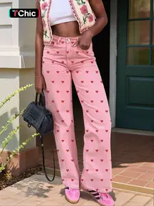 Women's Heart Print Wide Leg Jeans, High Waisted Stretchy Fabric, Elastic, Fit, Casual All Season Pants, Perfect for Dating, High Rise Jean