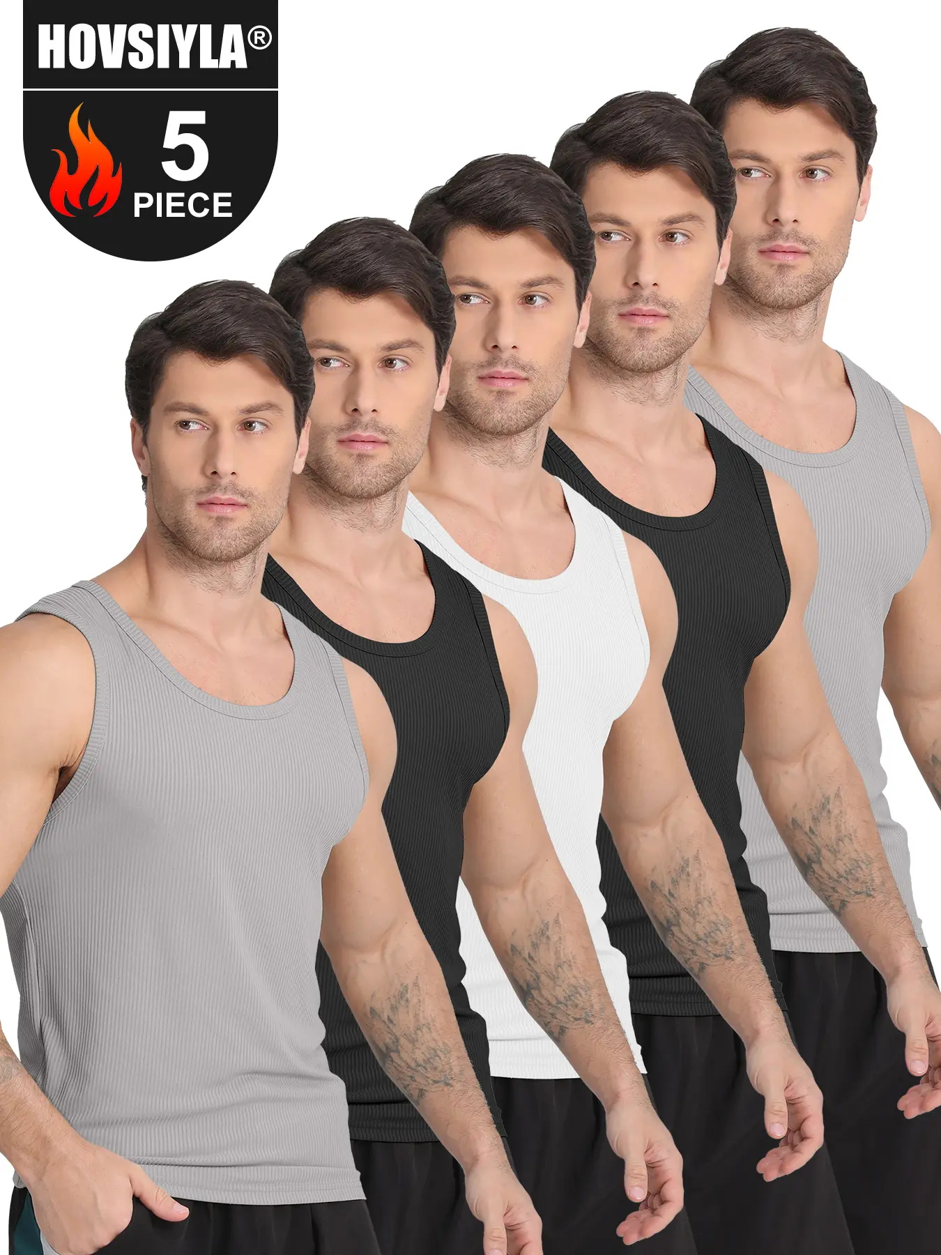5-Pack Men's Fitted Compression Tank Tops, Solid Crew Neck Shirts, Quick-Dry Soft Fabric Baselayer for Weight Training & Athletic Workouts, Athletic Workout Clothing, Squat, Breathable