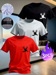 3-Pack Men's Wildlife T-Shirts, Deer Antler Graphic Tees, Breathable Casual Tops for Hunting Enthusiasts，Available in multiple colors