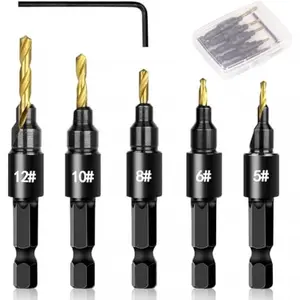 5PCS Countersink Drill Bit Set for Wood, Adjustable Depth Stop Woodworking Bits for Smooth Flush Screws & Clean Holes