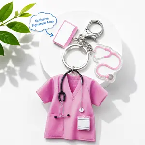 Large Acrylic Keychain Pendant with Cute 2D Pink Scrubs & Stethoscope Design, Badge Holder Gift for Nurses & Medical Students