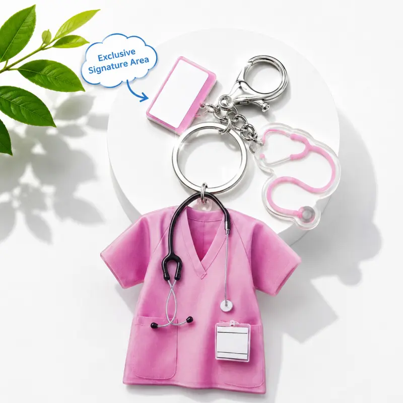 Large Acrylic Keychain Pendant with Cute 2D Pink Scrubs & Stethoscope Design, Badge Holder Gift for Nurses & Medical Students