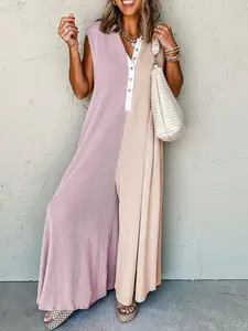 Women's Colorblock Print Button Jumpsuit, Casual Sleeveless Baggy Jumpsuit for Daily Wear, Ladies Clothes for All Seasons, Womenswear, Loose Clothes for Women, Casual Comfy Jumpsuit, Casual Jumpsuits, Oversized Flare Jumpsuits