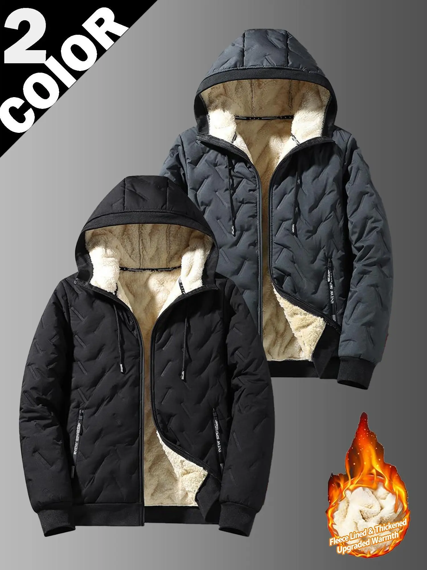 Men's Athletic Plaid Hooded Jacket, 2-Piece Set, Warm Fleece-Lined Cotton Blend with Zip-Up Closure, Casual Winter Basics