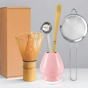 Matcha Whisk Set Pink - Bamboo Chasen, Ceramic Holder, Stainless Steel Scoop, Sifter, Tea Infuser Kit for Home & Office Use, Perfect Gift Set