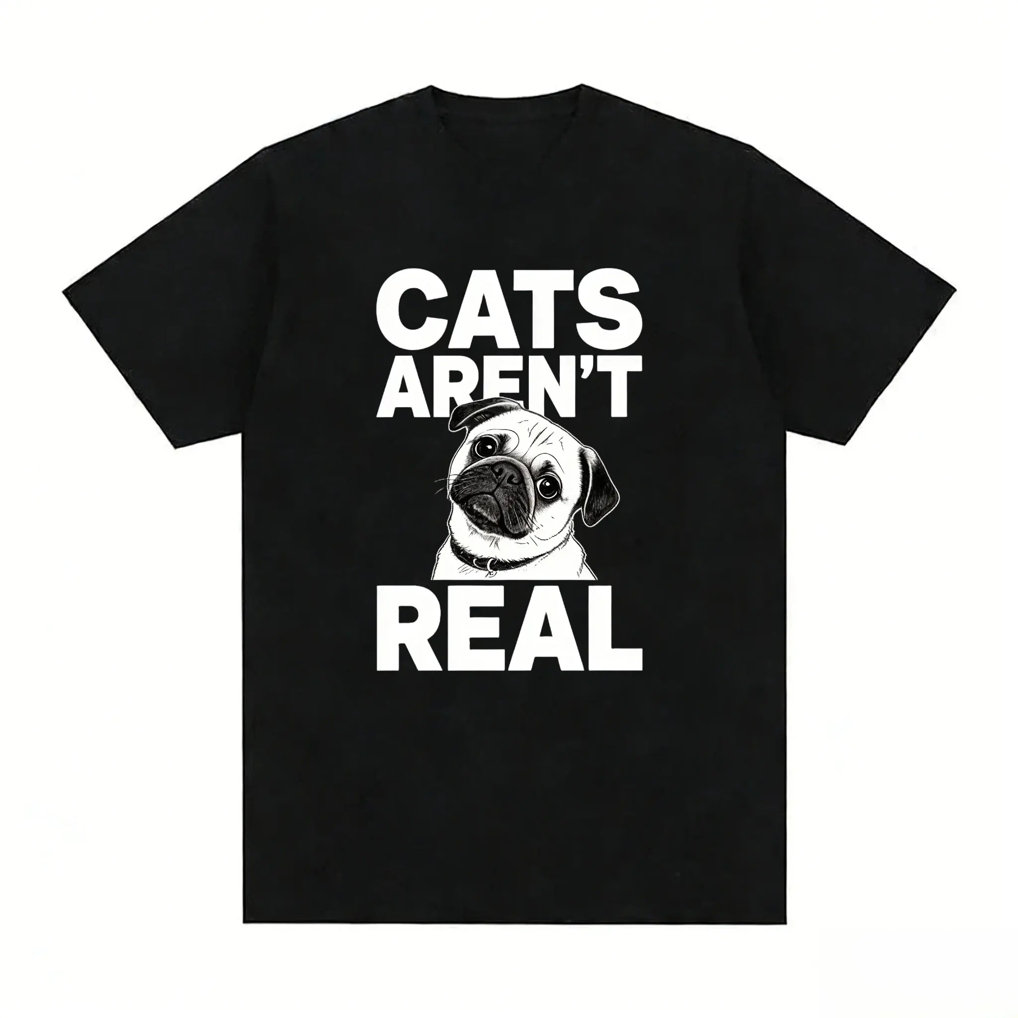Women's Short-Sleeve Round Neck Cotton T-Shirt, Unisex "Cats Aren't Real" Pug Graphic Top for Dog Moms, Daily Wear Gift, Shortsleeve, Tshirt, Relaxed Fit, Classic Tee Womenswear Black, Casual