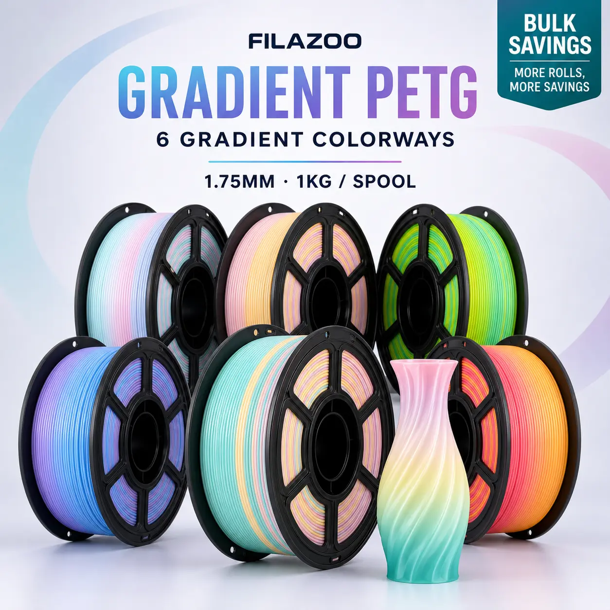 FILAZOO Gradient Rainbow PETG 3D Printer Filament, 1.75mm, 1kg Spool, Gradient and Solid Colors for FDM Printers