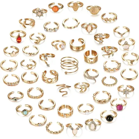 48Pcs Open Toe Rings Set, Stunning Ring Set for Women Men, Adjustable Vintage Bohemian Knuckle & Tail Rings, Summer Beach Foot Jewelry, 14K Gold Plated, Unique Design