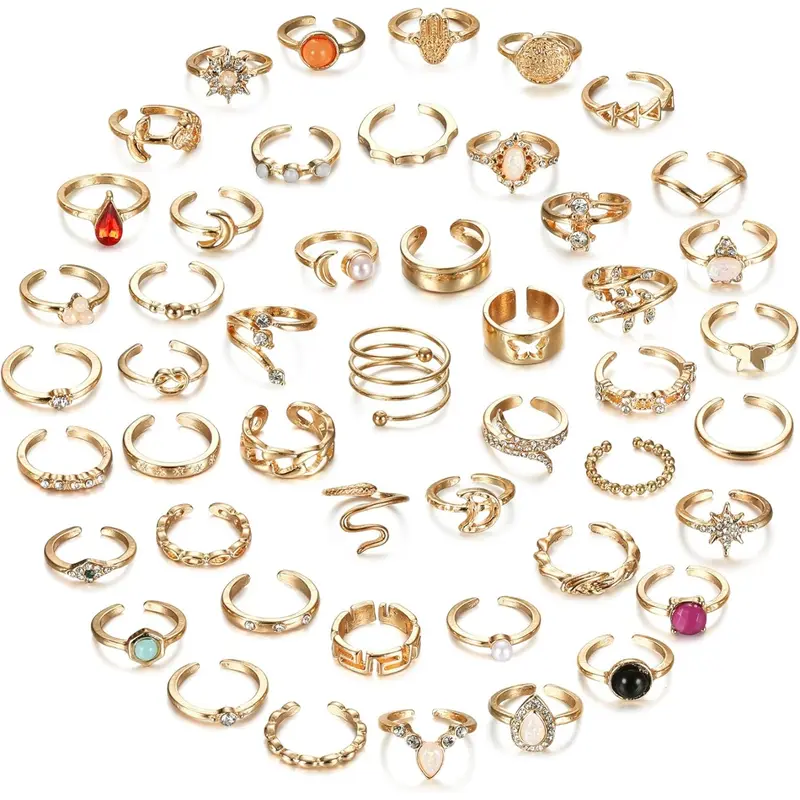 48Pcs Open Toe Rings Set, Stunning Ring Set for Women Men, Adjustable Vintage Bohemian Knuckle & Tail Rings, Summer Beach Foot Jewelry, 14K Gold Plated, Unique Design