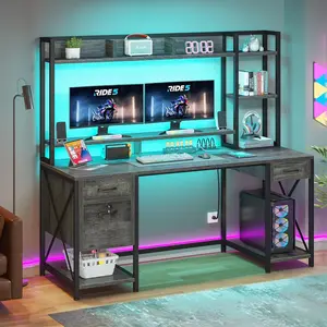 Computer Desk with Drawers & Power Outlets, File Drawers with Lock, 59" Home Office Desk with Storage Shelves & Monitor Stand, Gaming Desk with LED Lights & Hutch, Grey