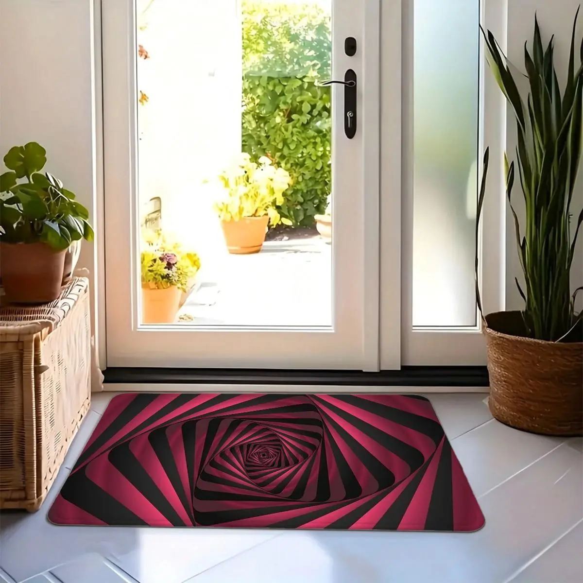Red Black Swirl 3D Optical Illusion Flannel Door Mat, 16×24in Vortex Tunnel Visual Pattern Non-Slip Absorbent Floor Rug for Entryway Bathroom Bedroom Kitchen
