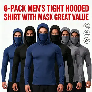 3 Pack Men’s Thin Sun Protection Long Sleeve Hooded Sport Shirts With Built-in Face Mask UV Block Tops For Fishing Construction Outdoor Yard Work