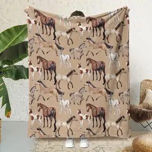 Soft Polyester Elegant Horse Pattern Flannel Throw Blanket - All Season, Breathable Lightweight Animal Artwork Blanket, Cozy Brown/White/Black Horse Design, Perfect for Bedding or Sofa Decor, Machine Washable, All Season Blankets, Animal Artwork Blankets