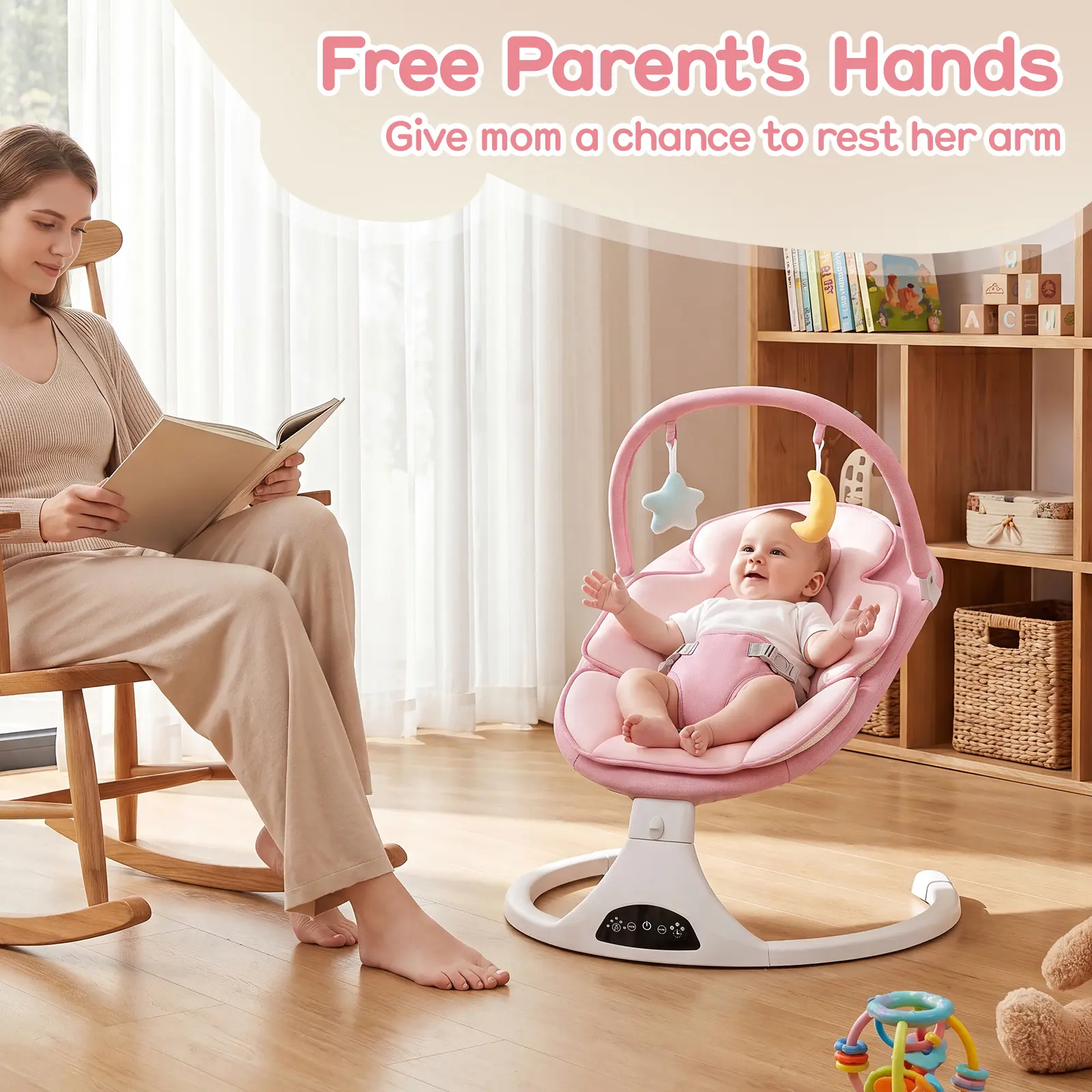 Unisex Pink Electric Baby Swing & Bouncer (0-12m) - Remote Control, 5-Speed Motion, 1 Seat Position, 12 Music Tracks, Bluetooth, Portable, ABS, Plastic, Metal Indoor Rocker, 5 Sway Speeds
