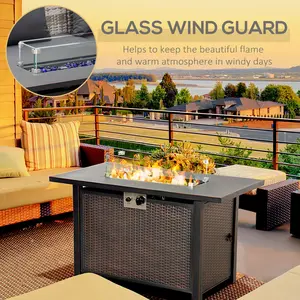 Outsunny 30-43 Inch Outdoor Propane Gas Fire Pit Table, 50,000 BTU Auto-Ignition Wicker-effect Gas Firepit with Glass Wind Guard, Lid, Lava Rocks, Steel Base, CSA Certification