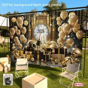 2026 New Year Celebration Party Banner, 1pc 2D Flat Polyester Fabric, Elegant Golden & Black with Champagne Print, Balloons & Gifts Design, Home Office Decor, Ideal for Birthday & Wedding Events