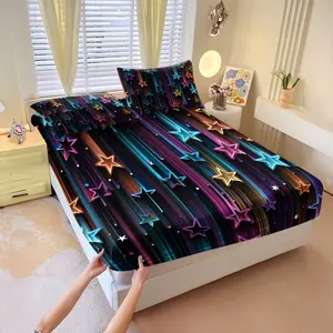 Rainbow Meteor Starry Night Fitted Sheet Set Includes 1 Fitted Sheet & 2 Pillowcases without Filler, Super soft & cosmic dreamy, glows with vibrant rainbow meteors, colorful stars & glowing trails on black. Drift into magical starry dreams every night!