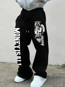 Men's Casual Comfy Sporty Loose-Fit Graphic Sweatpants, Letter Patched Sweatpants, Letter Print Sweatpants, Drawstring Waistband, Adjustable Drawstring Sweatpants, All-Season Comfortable Pants, Perfect for Daily Wear & Outdoor Activities