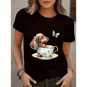 Women's Easter Dachshund in Cup Graphic T-Shirt - Casual Crew Neck, Short Sleeve, 100% Cotton & 100% Elastane Blend, Regular Fit with Slight Stretch, Lightweight 180g/m² Fabric, Machine Washable, Spring/Summer Top