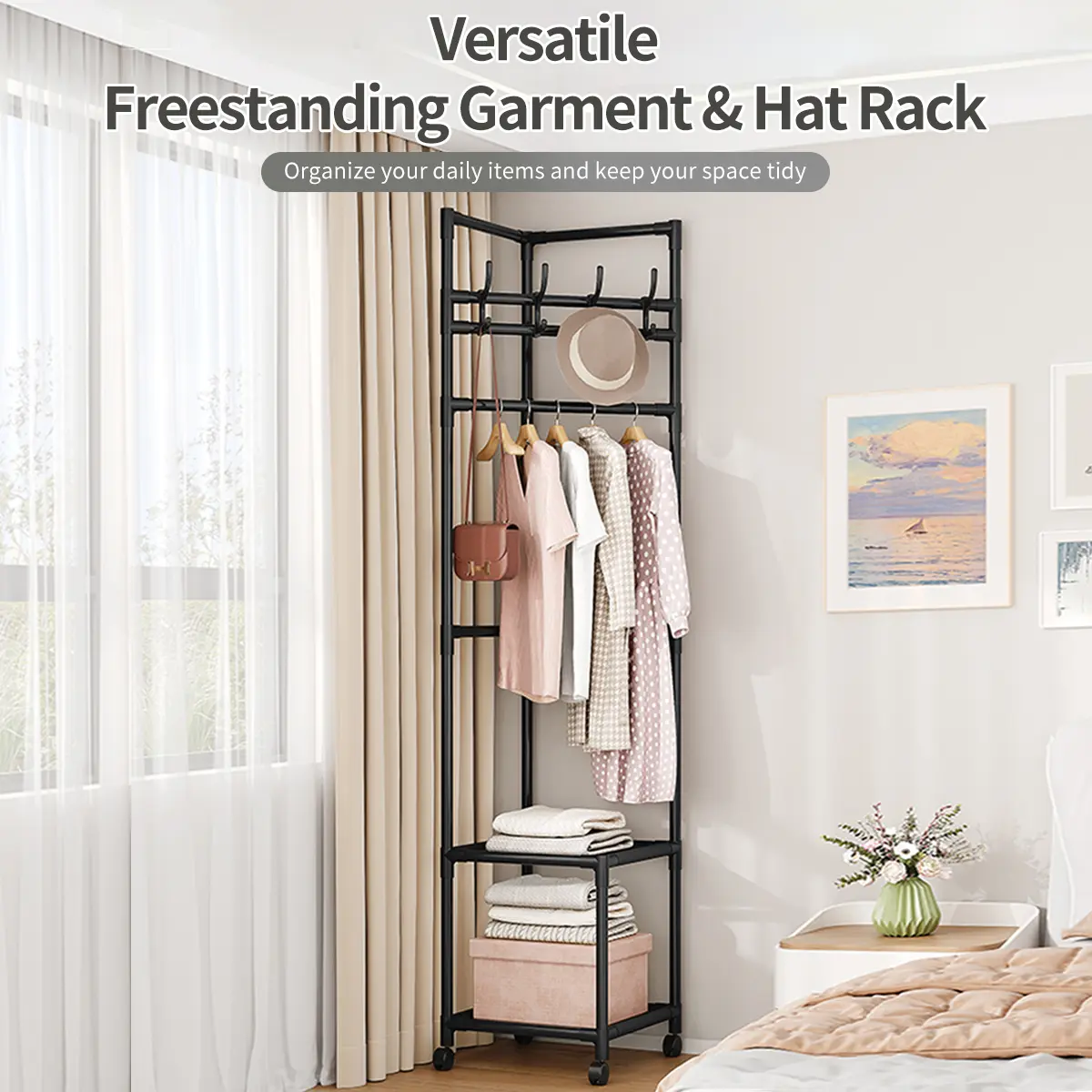 SUOERNUO Metal Frame Corner Garment Rack - 2 Storage Shelves, 360° Swivel Wheels, Narrow Space-Saving Furniture for Room Storage, Clothing Organization, Bedroom Versatile Use