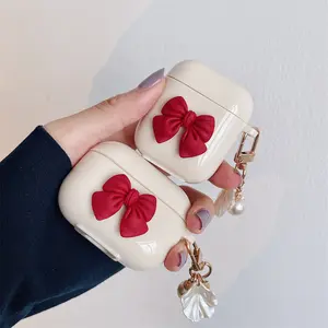 Beige Red Bow Shell Pendant Wireless Earphone Case for AirPods Pro TPU Clamshell Cover with Solid Color Style