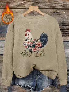 Floral Farmhouse Chicken Print Faux Sweater, Long Sleeve Round Neck Pullover, Soft Elastic Fabric, Casual Fall & Winter Top for Women