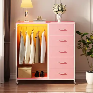 Cyclysio 45'' Dresser with Clothes Rack & Mirror, 5 Fabric Drawers Dresser with Charging Station & LED Lights, Rolling Chest of Drawers with Wheels