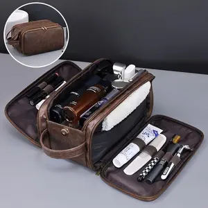 Toiletry Bag w/Handles for Men, Hygiene Organizer, Travel Dopp Kit, Mens Toiletries Organizer Case, Bathroom, Shaving, Cosmetic Storage, Travel & Grooming Essentials, PU Leather Water Resistant Cosmetic Bag Pouch