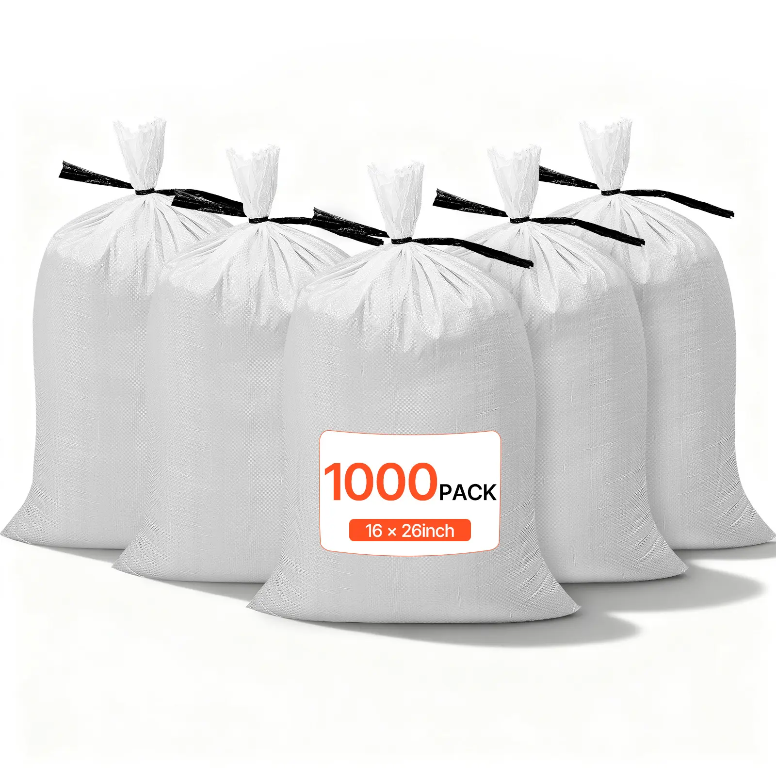 VEVOR Empty Sandbags, 1000 Packs 16 x 26 in, Heavy Duty Sand Bags Sacks with Ties, 50lb Capacity Woven Polypropylene Sandbags, Tear-Resistant & UV-Resistant Sand Bags for Flood Protection Barrier