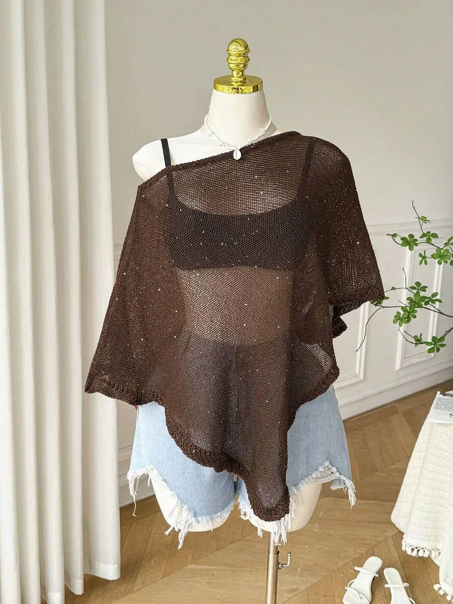 THEOHUCK Plus Size Women Knit Pullover Sweater Shawl Collar Solid Color Beaded Sequin Hollow Out Casual Fashionable Versatile Top Winter