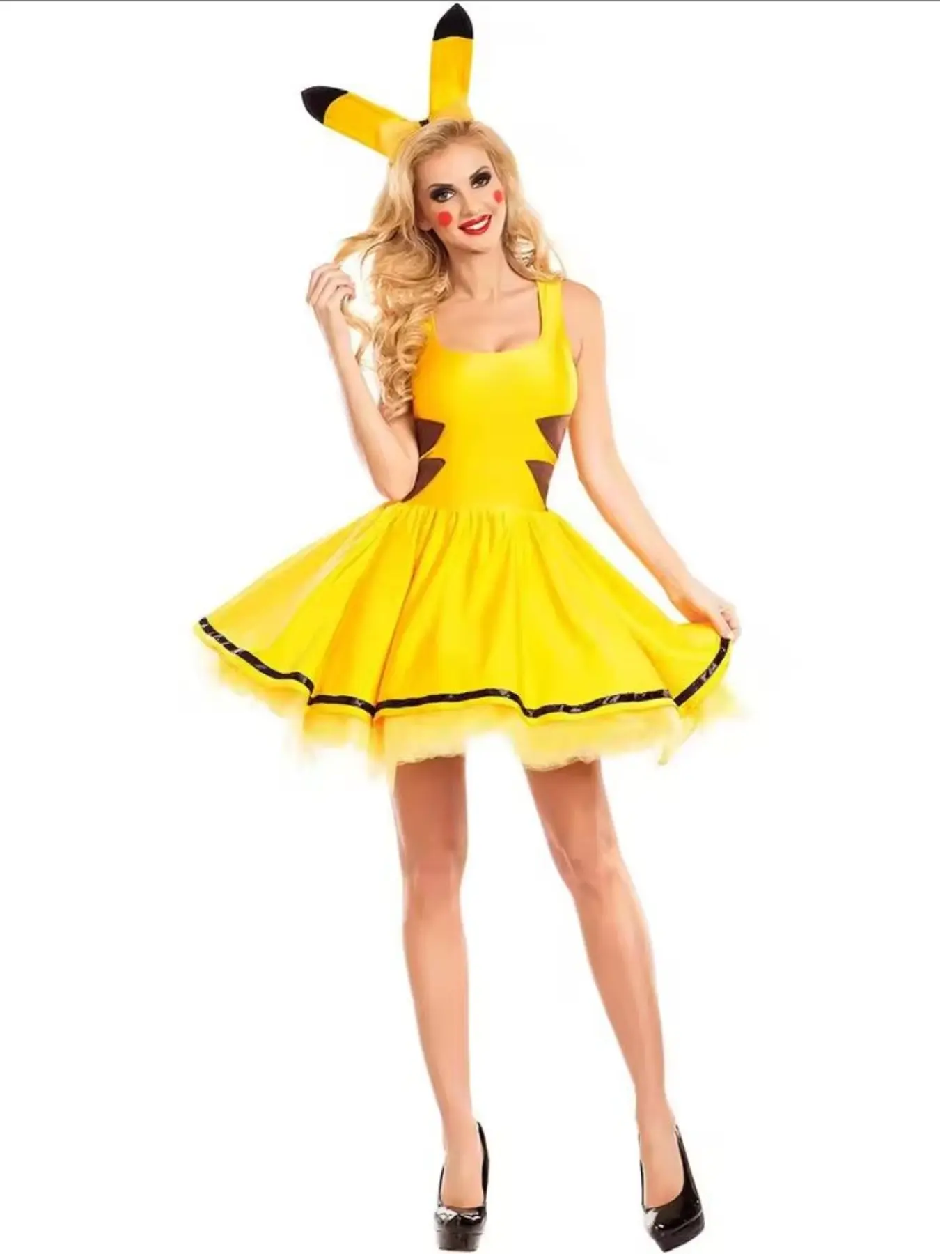 Anime Cosplay Set Pikachu Sleeveless Dress with Headband Halloween Masquerade Carnival Party Costume Outfit for Women Sexy Yellow Dress, Fitted All Seasons