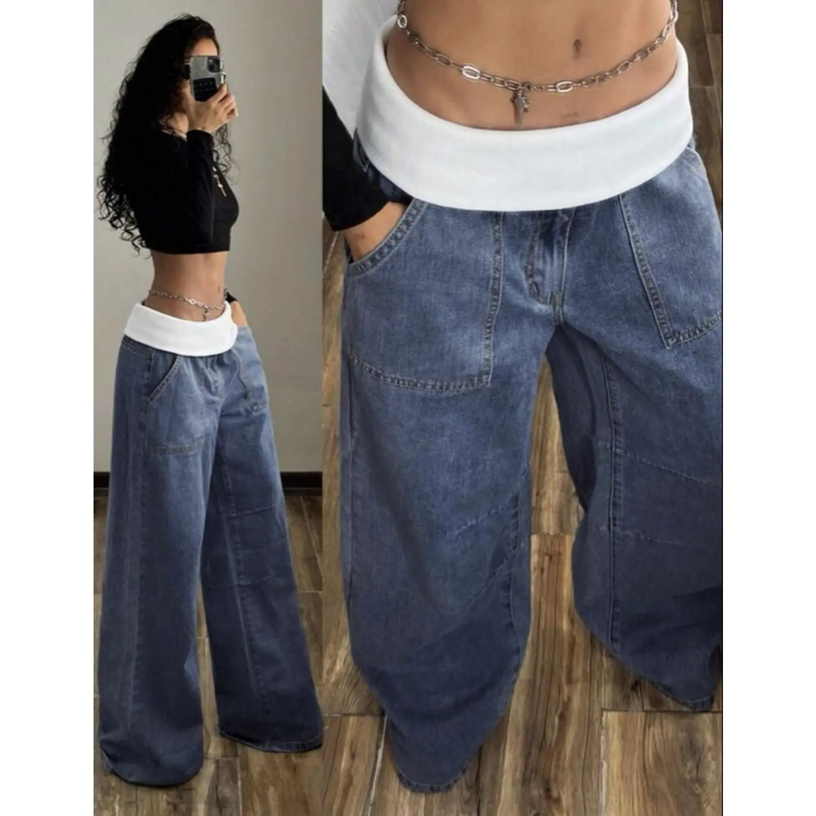 Women's Loose Wide Leg Baggy Jeans Blue And White Stripe Autumn Street Wear Y2k Everyday Chic Contrast Foldover Low Waist Fashion Oversized Denim