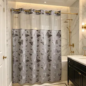 Silver-gray butterfly flocked double-layer hookless shower curtain with sheer top window, no-drill quick installation, easy to remove and clean, suitable for hotels, homestays, and modern home bathrooms, 71 × 74 inches