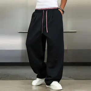 Men’s American vintage Wide Leg sweatpants with a plaid drawstring waist and contrast piping; relaxed-fit joggers with a drapey feel, Red, Soft, Thick