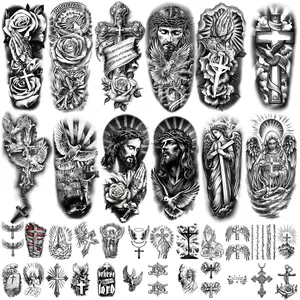 77 Sheets Christian Cross Temporary Tattoo for Women Men, 17 Sheets Half Arm Large Religious Jesus God Fake Tattoos, 60 Sheets Angels Black Christ Tiny for Adult Kids Body Tattoos Stickers Realistic