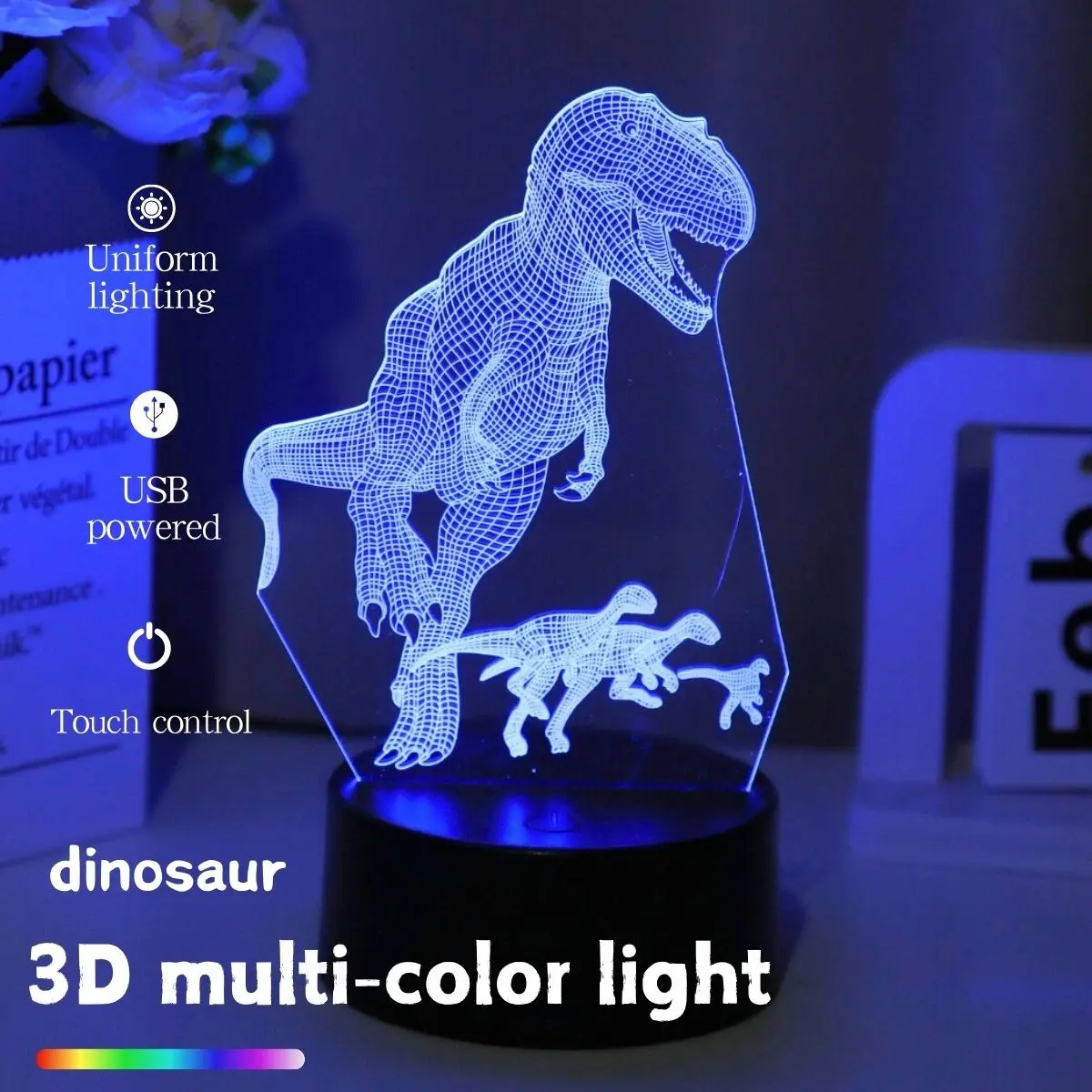 Vintage Dinosaur LED Night Light, 7 Color Adjustable Dimmable Rgb Light Touch USB Powered Atmosphere Decor Bedside Lamp, Gift for Archaeology Lovers, Suitable for Bedroom, Bar, Adjustable Brightness Lights