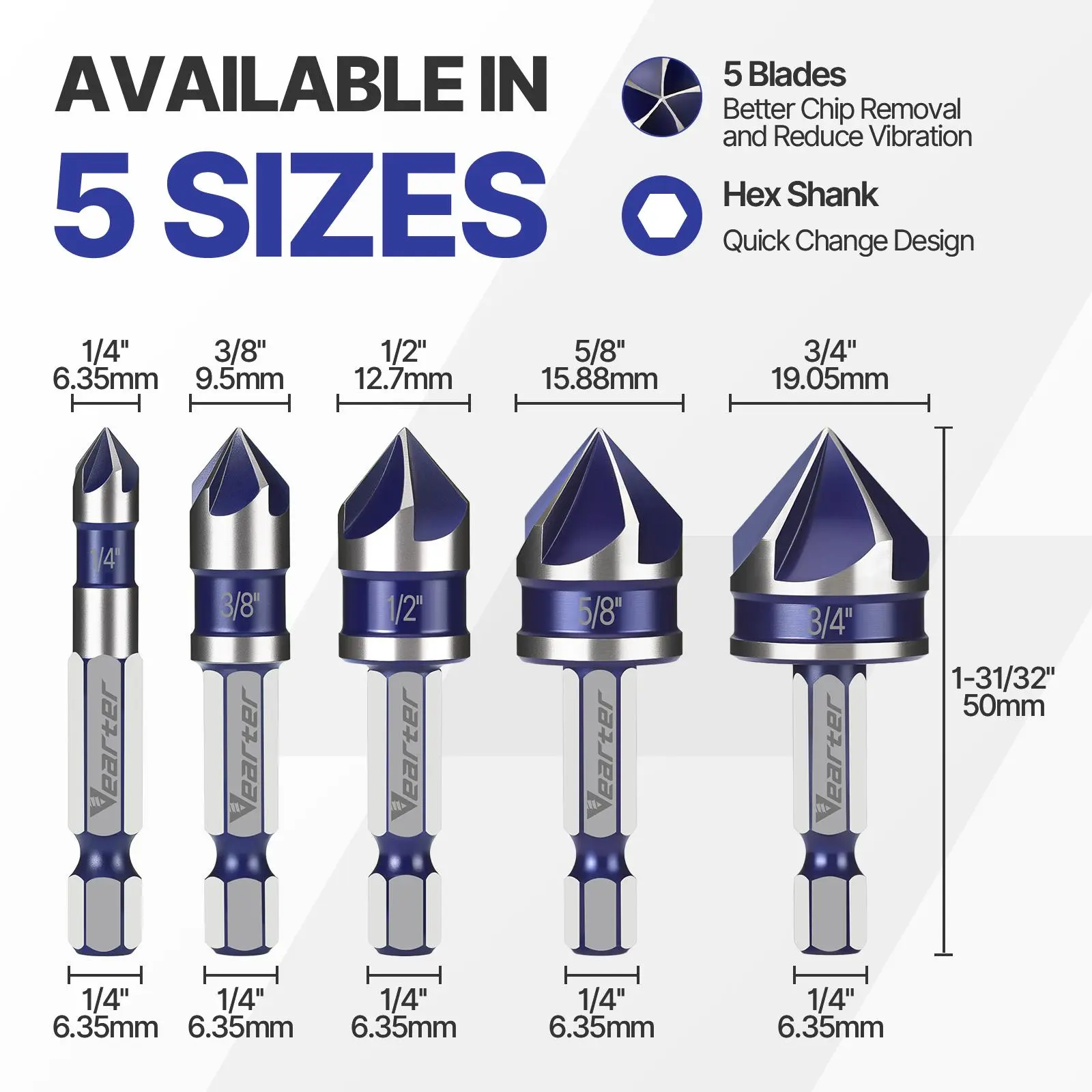 Countersink Drill Bit Set 1/4''(6mm) to 3/4''(19mm), 5PCS HSS 5-Flute Chamfer Bits with 1/4" Hex Shank Quick Change & Clear Storage Case, Woodworking Tools for Metal, Wood, Plastic, Five Flutes