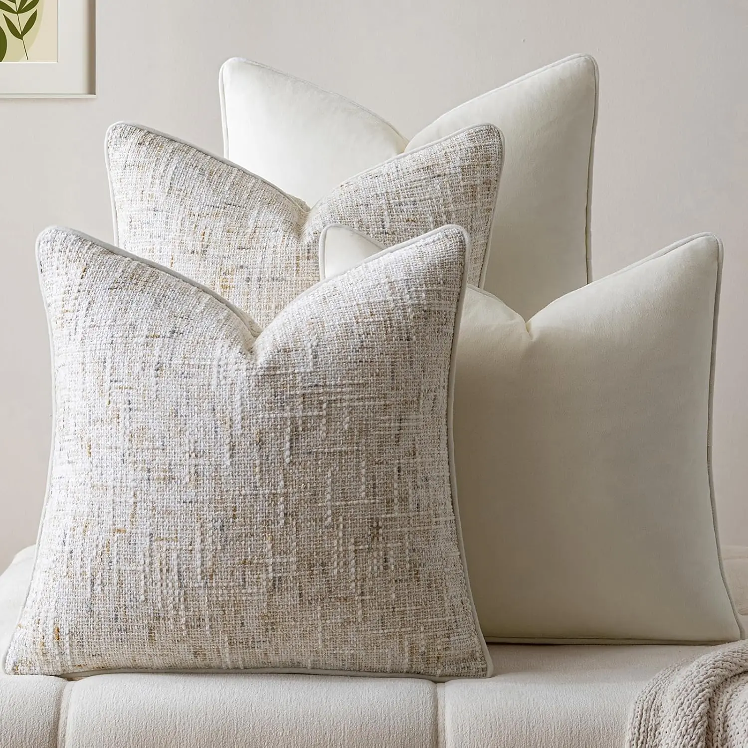 4 Pack Throw Pillow Covers - Chenille & Velvet Set with Piping, Farmhouse Textured Design Cushion Cases for Couch Sofa Bed (20x20 Inch, No Insert)
