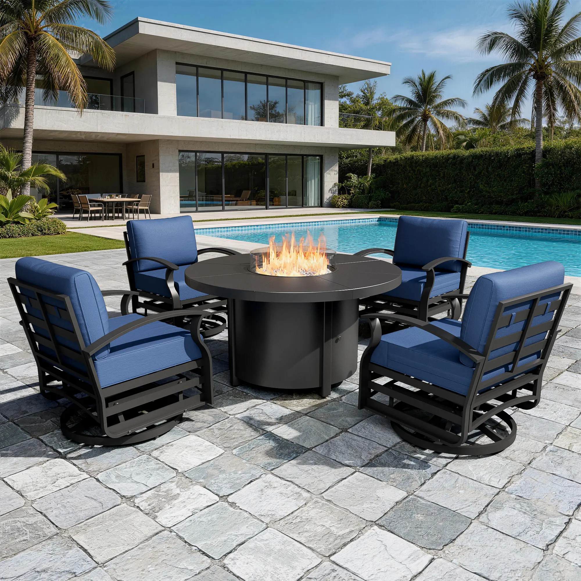 Kullavik 5-Piece Outdoor Patio Furniture Set - 48-Inch 55000 BTU Round Fire Pit Dining Table, 4 Aluminum Swivel Chairs with No-Slip Cushions, Waterproof Cover Included