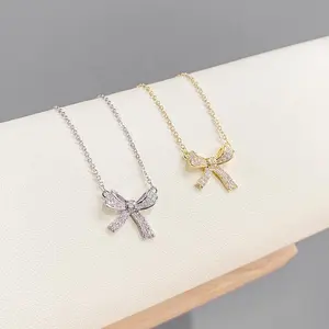 Bow Knot Necklace, Full Zirconia Bow Pendant Choker, Sparkly CZ Crystal Ribbon Necklace, Women Girls Party Wedding Bridal Prom Jewelry, Dainty Cute Coquette Aesthetic, Gift for Girlfriend Wife Birthday Anniversary