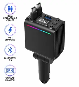 Retractable Car Charger  Bluetooth 5.3 Car Adapter Charger  Fast Charging Wireless Radio FM Transmitter with Deep Bass Player Hands-Free CallingSupport USB Drive Multifunctional