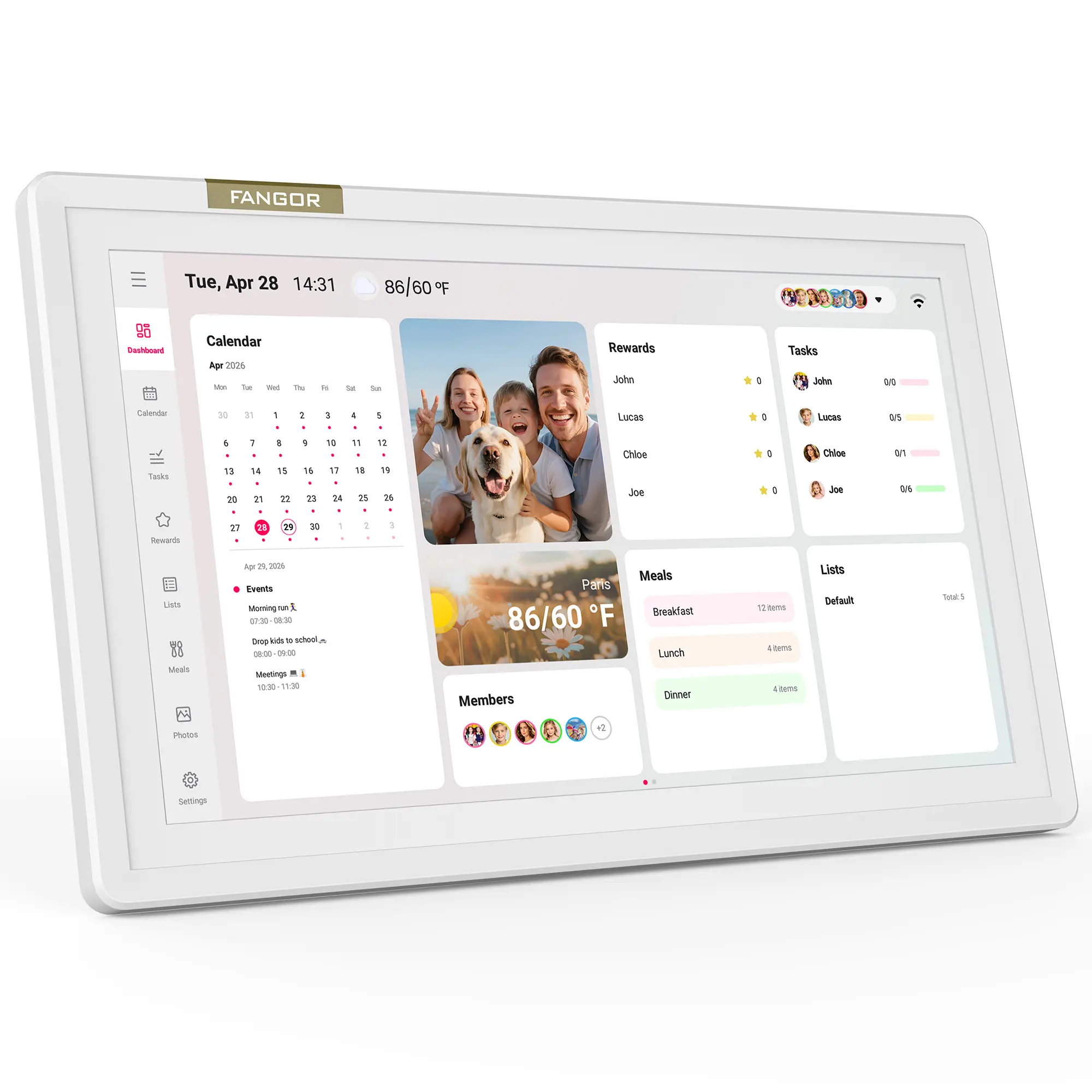 Fangor 15.6 Inch Digital Calendar for Family,Electronic Calendar with Chore Chart,Full HD Interactive Touchscreen Display,Wall Mount & Desk Stand,Built-in Digital Photo Frame,Gift for Parents & Kids