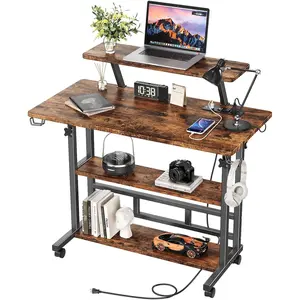 Adjustable Height Standing Desk with Power Outlets, Rolling Stand Up Desk with  Stand and Storage Shelves, 31.5" Small Mobile Computer Desk, Portable Laptop Table (Retro Brown)