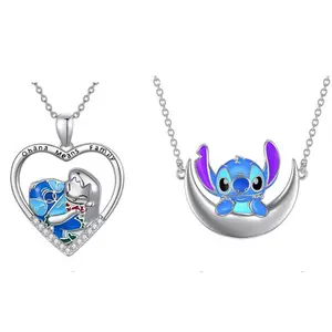 Disney Stitch Necklace Heart Pendant with Ohana Means Family Design & Stitch on Moon Charm Jewelry for Disney Fans