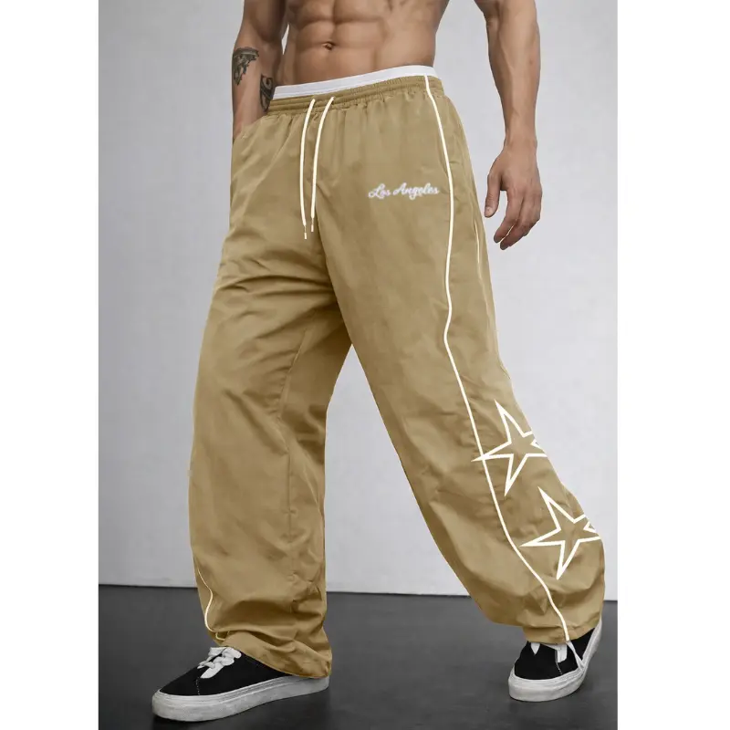 Men's Black Wide Leg Track Pants with Star Graphic - Stretch Y2K Streetwear Sweatpants with Drawstring Waist & Los Angeles Embroidery, Casual Loose Fit Joggers, No-Logo, S-XXL, Fast US Shipping #StarGraphicPants #Y2KStreetwear #TikTokMadeMeBuyIt