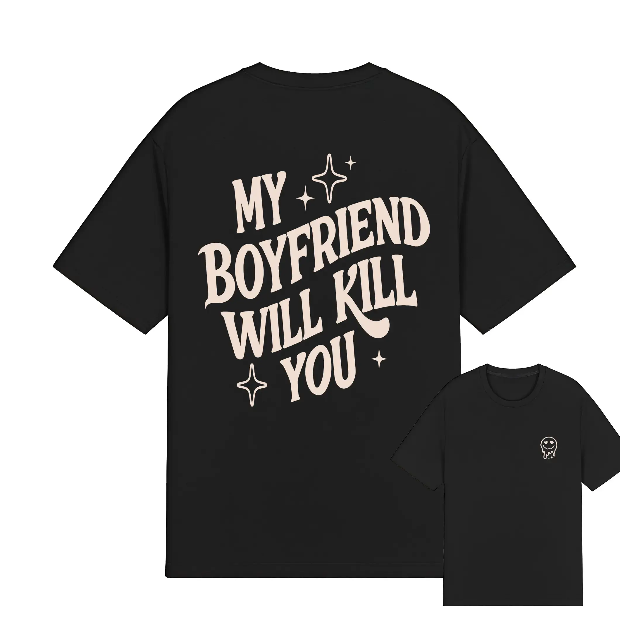 Men's Unisex Funny Slogan T-Shirt & Hoodie - 'My Boyfriend/Girlfriend Will Kill You' Casual Top, Chinese New Year Gift for Him, All Over Print, Short-Sleeve, Round Neck, Pure Cotton, All Seasons, Athletic