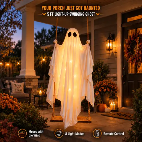 Swinging LED Ghost Halloween Decoration with 8-Mode LED Light Strip, Remote Control, Festive Outdoor Holiday Decorations for Back Porch, Yard
