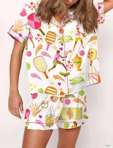 Summer Pickleball Satin Pajama Set For Women, Lightweight Sleepwear Breathable