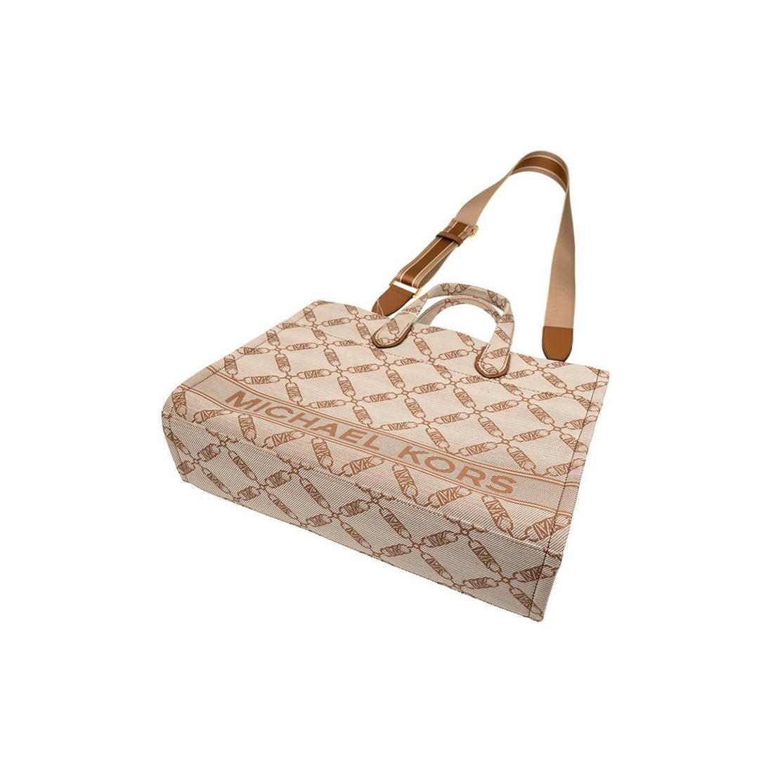 Michael Kors Gigi Large Logo Jacquard Tote - Beige/Acorn Canvas Handbag, Designer Travel Tote with Crossbody Strap, MK Large Satchel