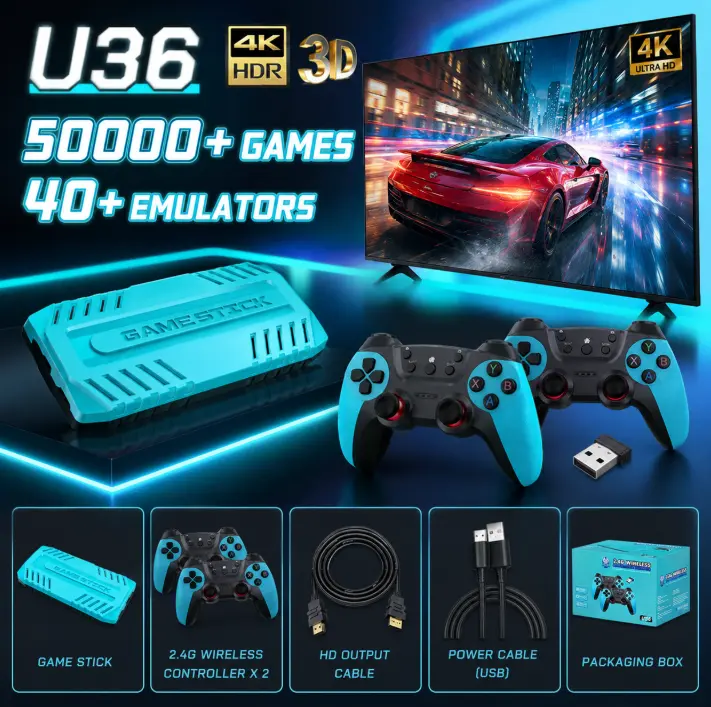 U36 4K HDMI Retro Game Stick - Preloaded 50000+ Classic Games, 40+ Emulators, Dual 2.4G Wireless Controllers, Plug & Play TV Game Console for Kids & Adults